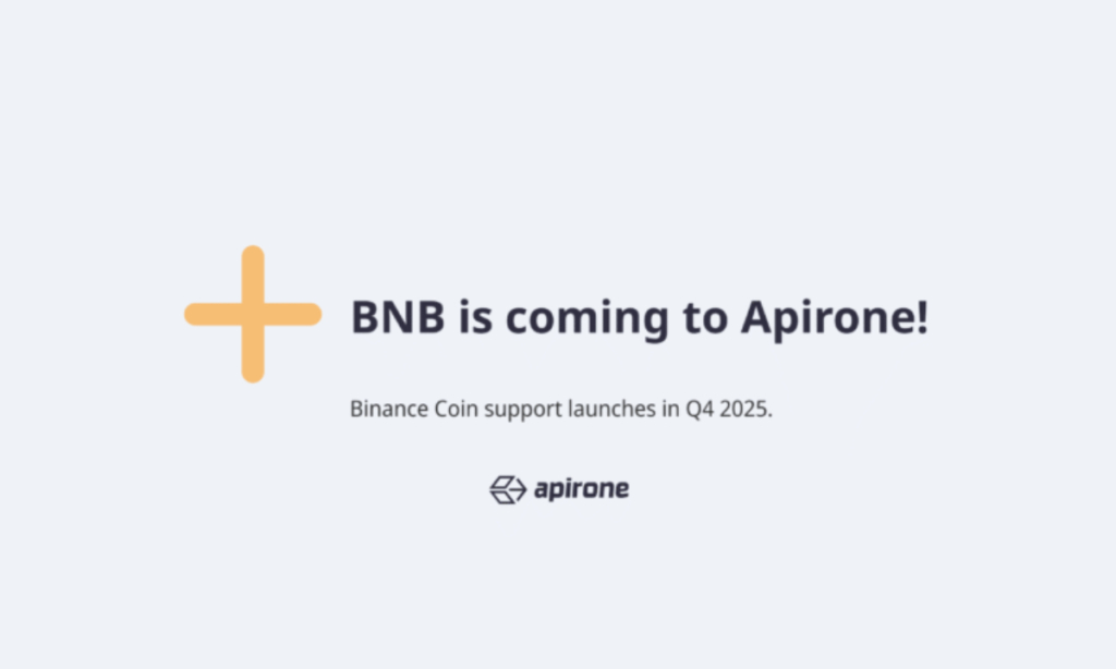 BNB integration announced for Q4 2025 in Apirone’s cryptogateway