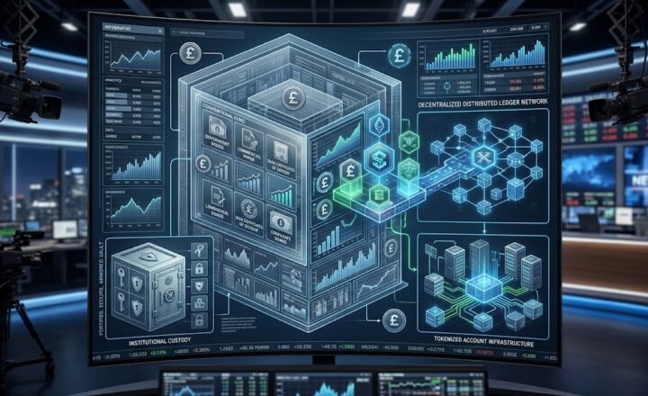 photorealistic a very large conventional sterling money-market fund as the parent vehicle while only one clearly smaller share class is represented as digital tokens on the XRP Ledger; institutional custody and tokenized account infrastructure remain separate from the underlying portfolio, precise analytical newsroom aesthetic, no logos, no readable text, 16:9 landscape.